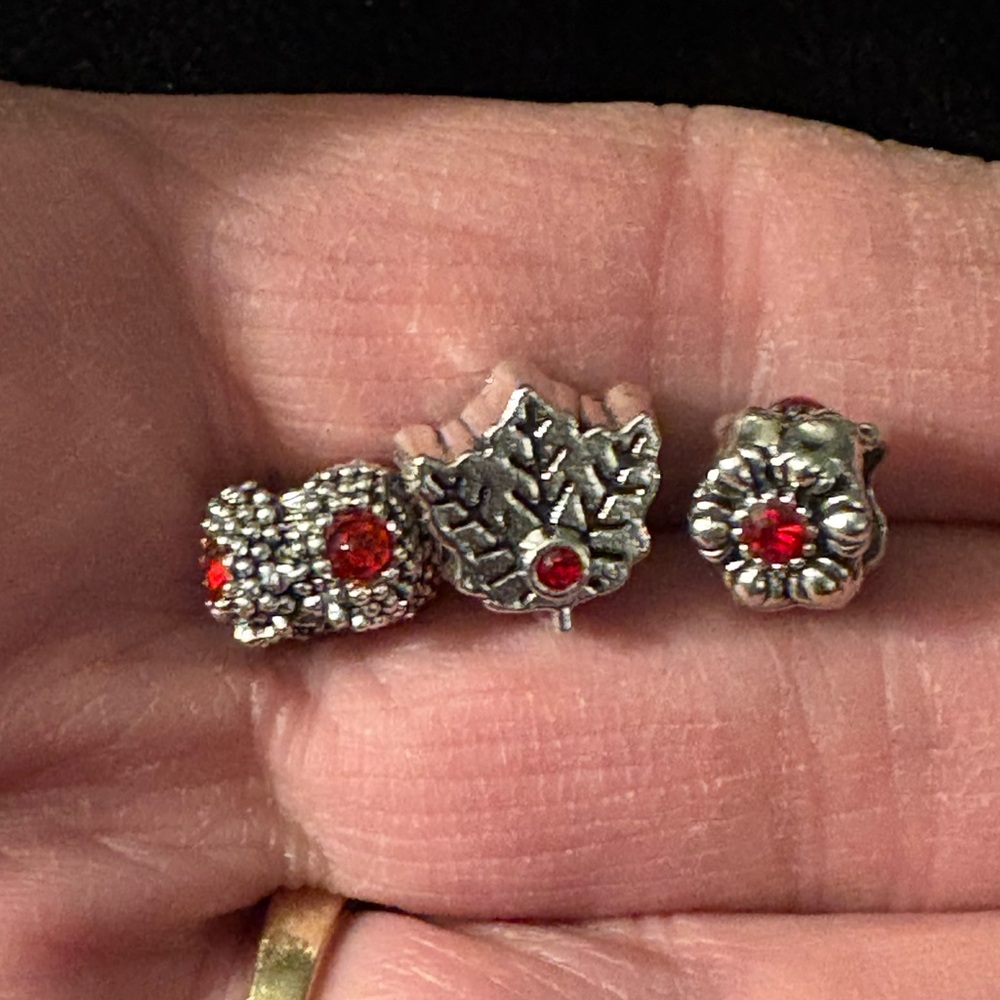 Charms- for bracelet (3) Silver Tone Red Ruby like stones, Red color Vintage